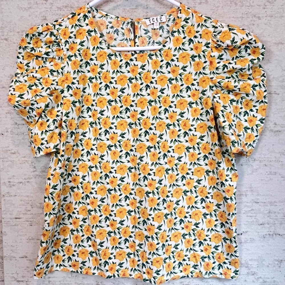TCEC Floral Print Puff Shoulder Blouse Sz L Summer Cottagecore Vacation Boho